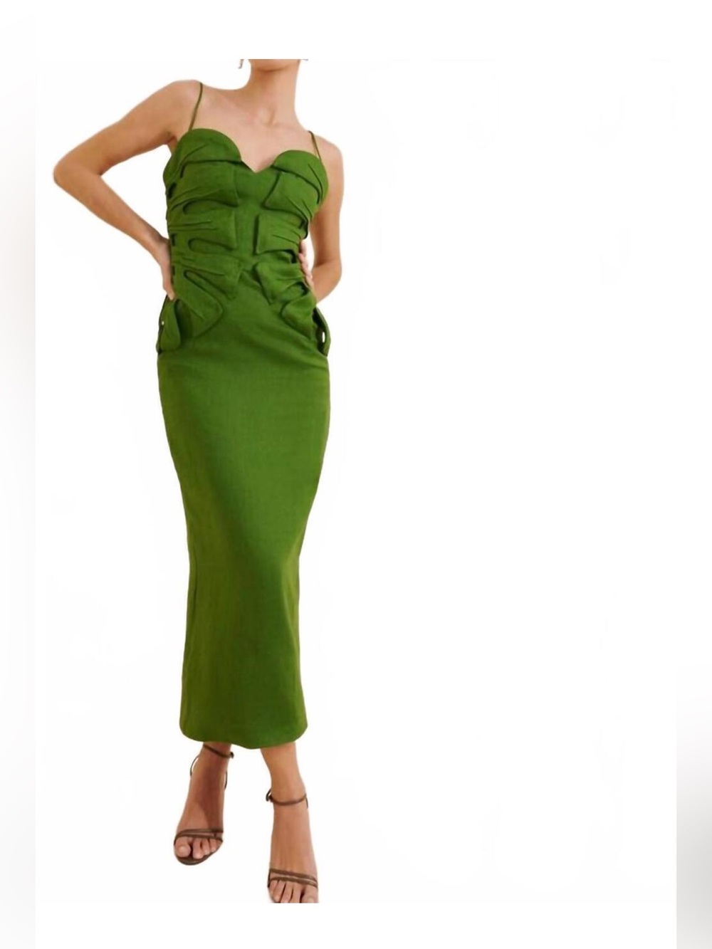 FARM Rio Olive Green Sculpted Monstera dress